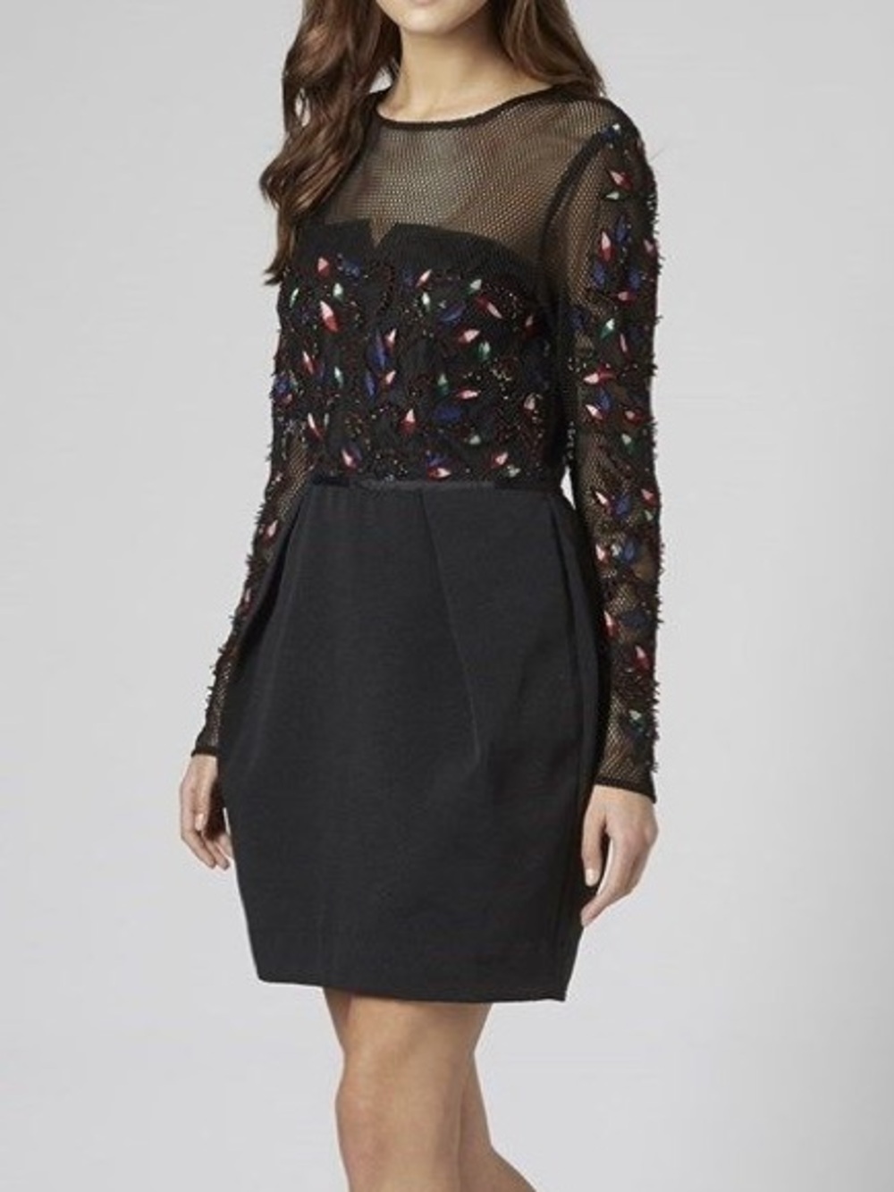 Topshop Black Mesh Long Sleeve Dress with Multicolor Sequin Accents
